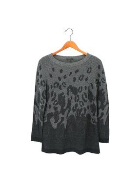 Lafayette 148 Black Gray 100% Cashmere Leopard Print Boatneck Tunic Sweater M